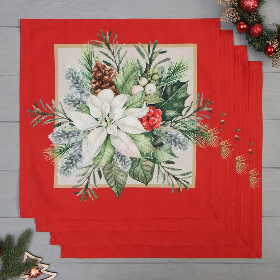 Салфетка для сервировки стола Этель Рождественский венок 40x40 см 4 шт хлопок саржа