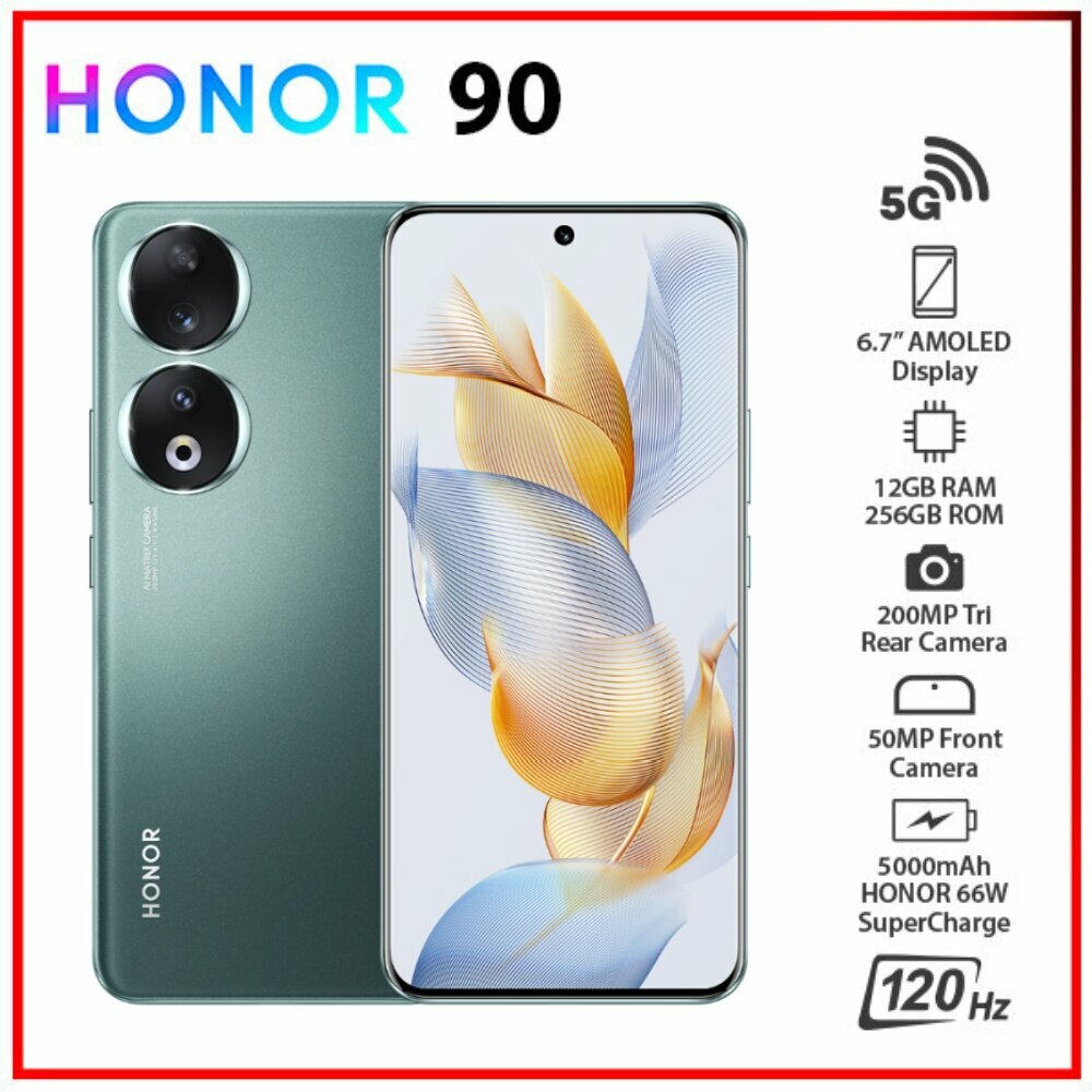 Cмартфон Honor 90 12/256Gb Emerald Green (Global) Русский, Dual nano SIM, 120Hz , Google Play