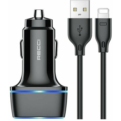 Автомобильное зарядное устройство Recci RQ05L с кабелем Lightning, 2 x USB-A 2.4A - Черный