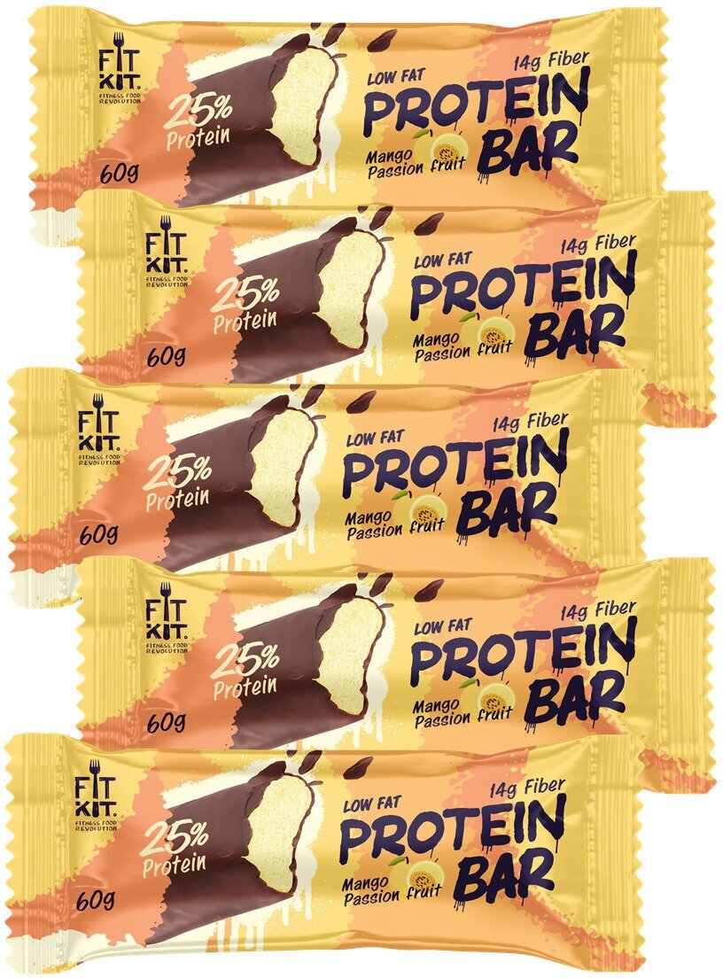 Fit Kit Протеиновый батончик без сахара Protein BAR, 5шт по 60г (Манго-маракуйя)