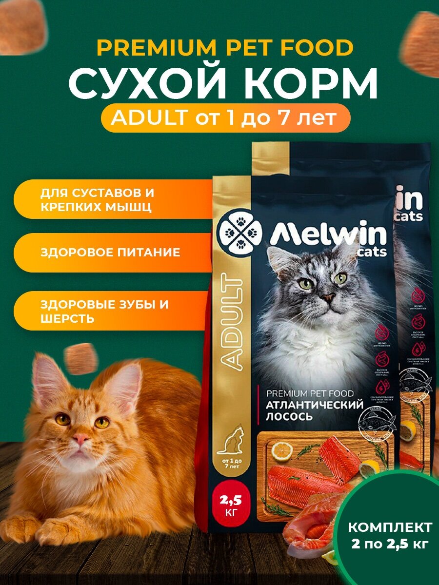 Корм сухой MELWIN для взрослых кошек всех пород от 1 года до 7 лет Атлантический лосось Премиум, (2 х 2,5кг) - фотография № 1