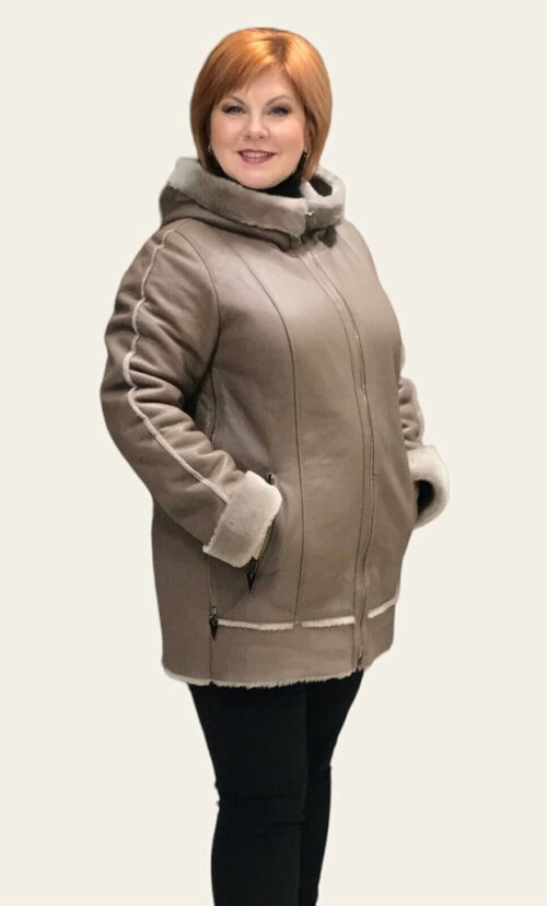 Куртка Эльмех, овчина, укороченная, силуэт свободный, карманы, капюшон, размер 52, бежевый