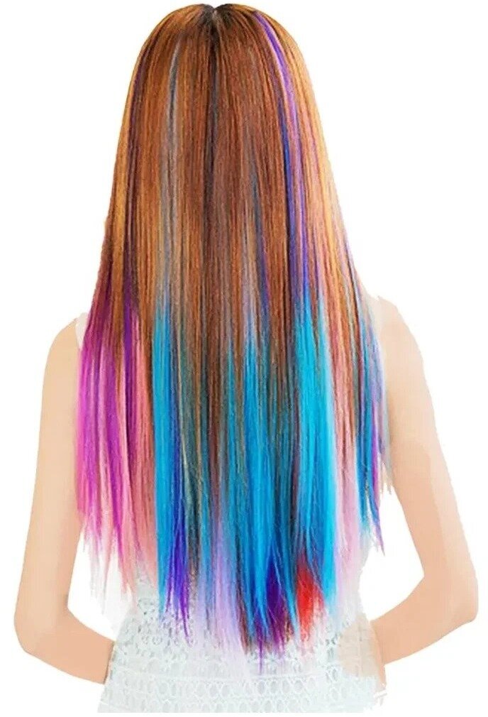 Накладные цветные пряди прямые разноцветные, аксессуар для волос - канекалон на заколке, 12 шт.