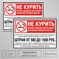 Наклейка "Не курить - штраф" - 2 шт. Закон №15-ФЗ / 14х20 см. (Ламинированная) - Правильная Реклама.