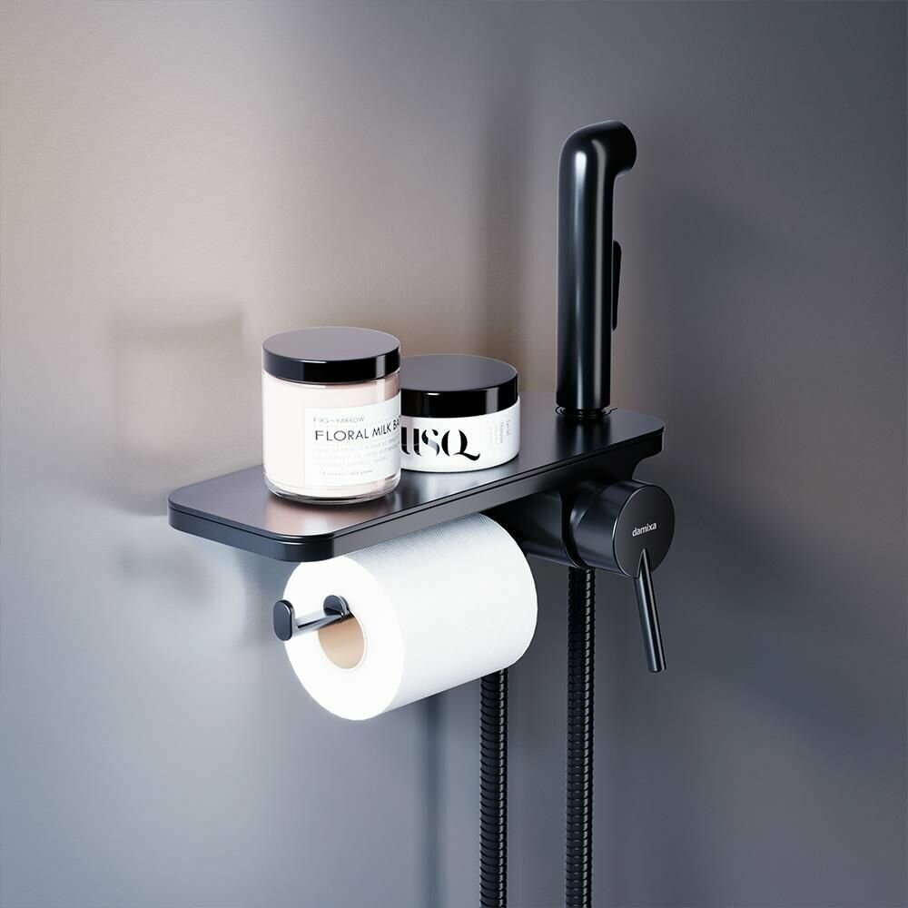 Смеситель с гигиеническим душем Damixa Jupiter 773500301 черный с полкой держателем для туалетной бумаги, керамический картридж Light Flow, ручка-стик