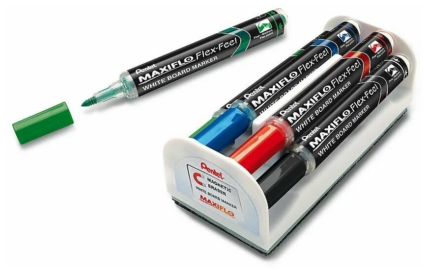Pentel Набор маркеров для досок Maxiflo Flex-Feel 4 цвета с магнитной губкой 1 - 5 мм кисть MWL5SBF-4N черный, красный, синий, зелёный