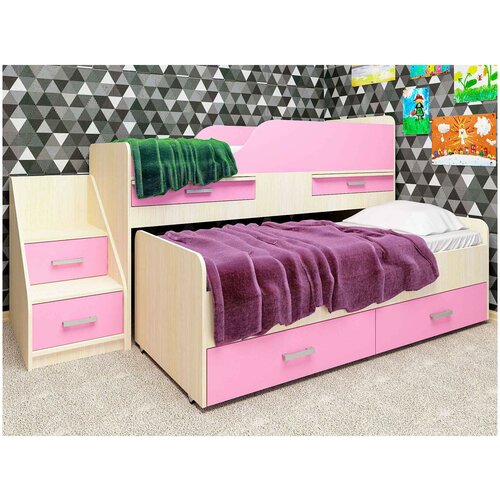 Кровать детская Лёсики двухъярусная с лесенкой, ящиками, столиками 700х1700 мм/700х1800 мм Пинк/Дуб молочный