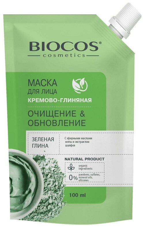 Маска для лица BioCos на основе зеленой глины, Очищение и Обновление в дойпаке, 100 мл