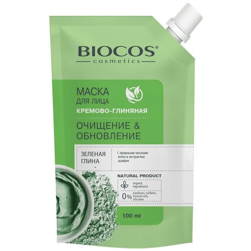 Маска для лица BioCos на основе зеленой глины, Очищение и Обновление в дойпаке, 100 мл средства для умывания biocos маска для лица на основе белой глины детокс и восстановление в дойпаке