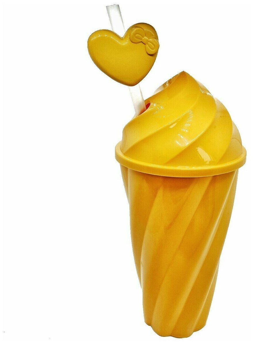 фото Стакан пластиковый / Стакан с крышкой и трубочкой 400 мл. "Мороженое", желтый / Стакан детский