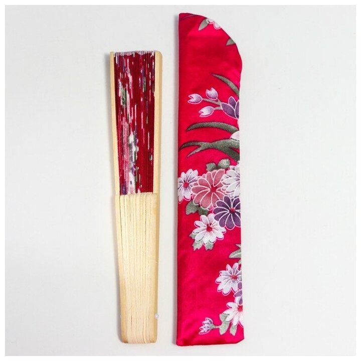 Веер бамбук, текстиль h=21 см "Цветы" с чехлом, бордовый - фотография № 9