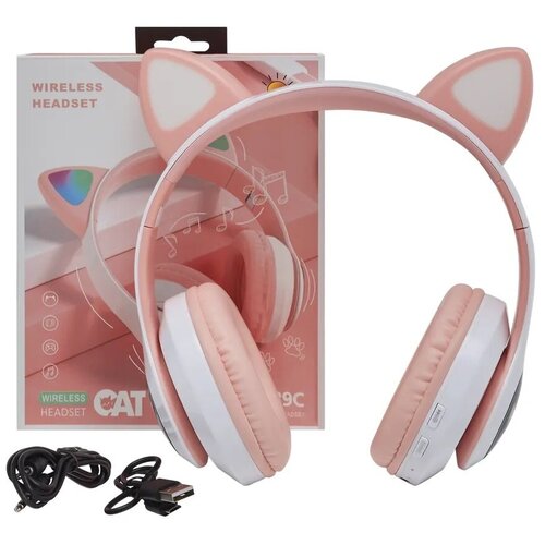 Светящиеся детские беспроводные наушники ушки котёнка Наушники Bluetooth Белые с розовым 58000₽