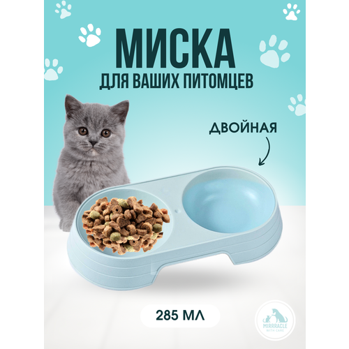 Миска для животных двойная голубая, пластик