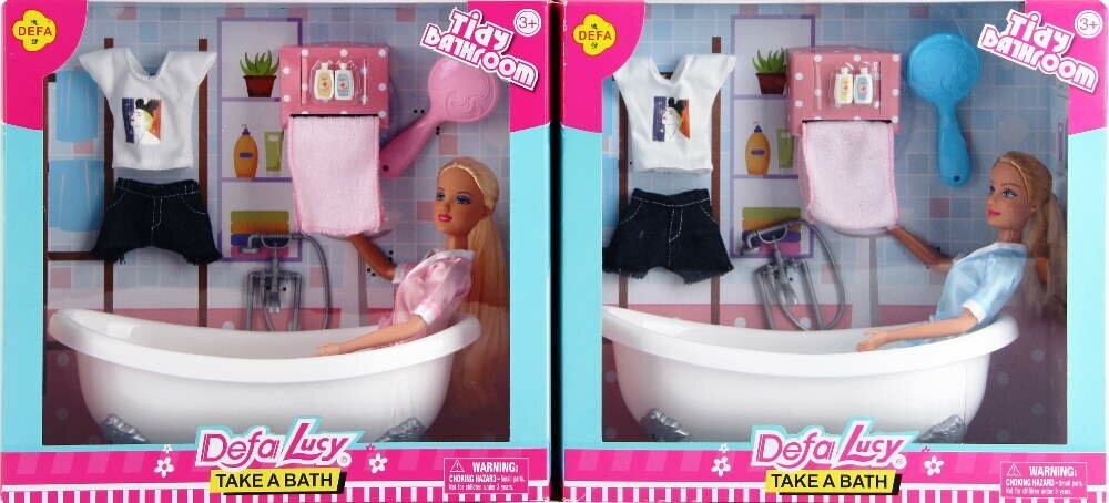 Кукла 29 см и ванная комната с аксессуарами: расческа, шампуни
