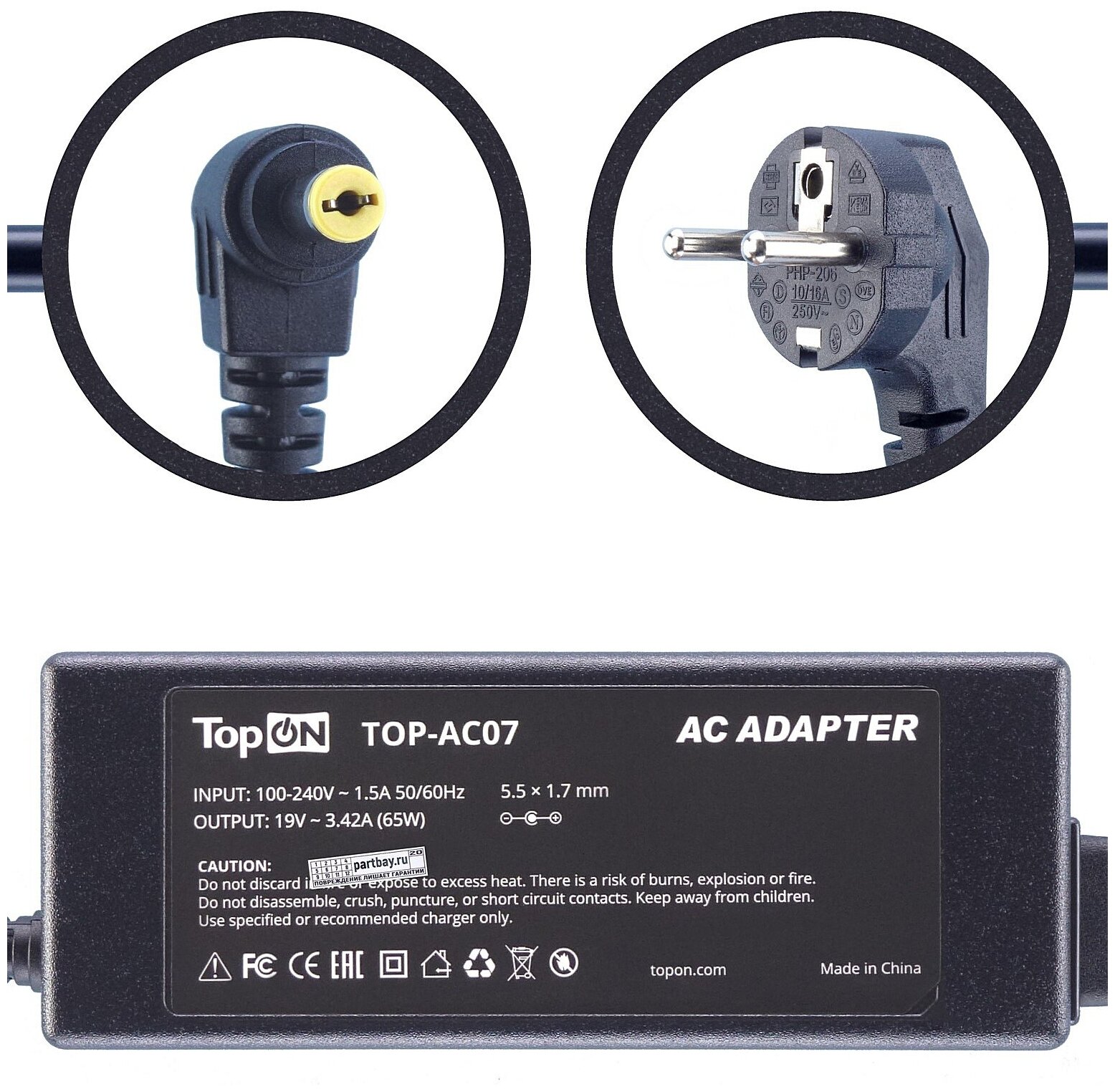 AP.06503.007 Блок питания для ноутбука Acer 19V 3.42A 5.5x1.7mm 65W TopON