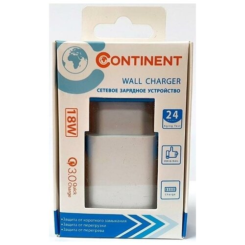 СЗУ Continent 1 TYPE-C+USB A 18W QC 3.0 Charger Input:100-240V , PN18-201 WT