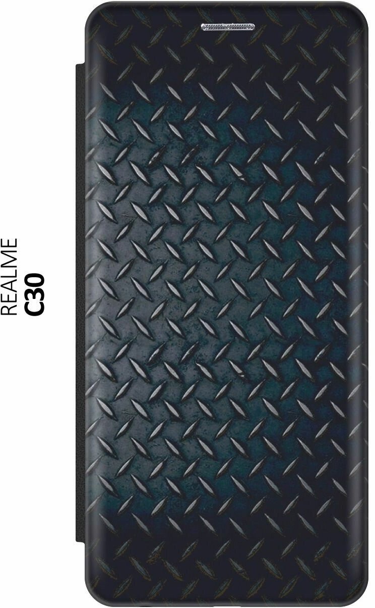 Чехол-книжка на realme C30, Рилми С30 c принтом "Металлический лист" черный