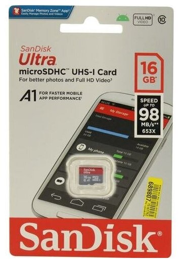 Карта памяти 16Gb - SanDisk Micro Secure Digital HC Class 10 Ultra UHS-I A1 SDSQUAR-016G-GN6MN (Оригинальная!)