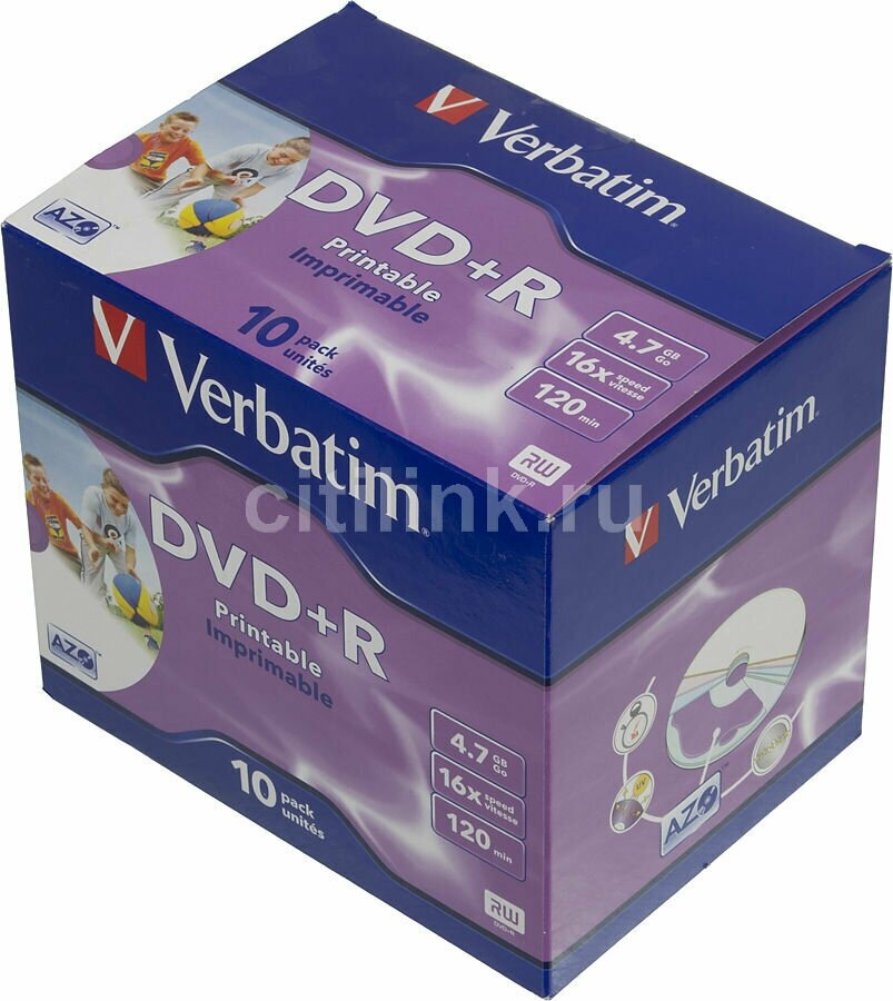 Диск DVD+R Verbatim 4.7Gb 16x Jewel case (10 штук), Printable (43508)