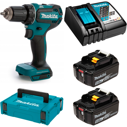 Аккумуляторная дрель-шуруповерт Makita DDF485RTJ (18V, 2х5.0Ah, Li-Ion) MakPac набор зарядное устройство dc10sb 2 аккумулятора bl1016b 12в 1 5ач li ion в кейсе makpac makita 195817 арт 195817