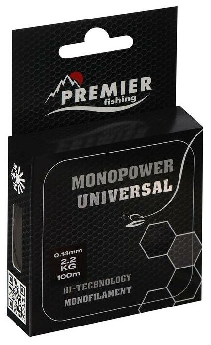 Леска Preмier fishing MONOPOWER Universal, диаметр 0.14 мм, тест 2.2 кг, 100 м, прозрачная