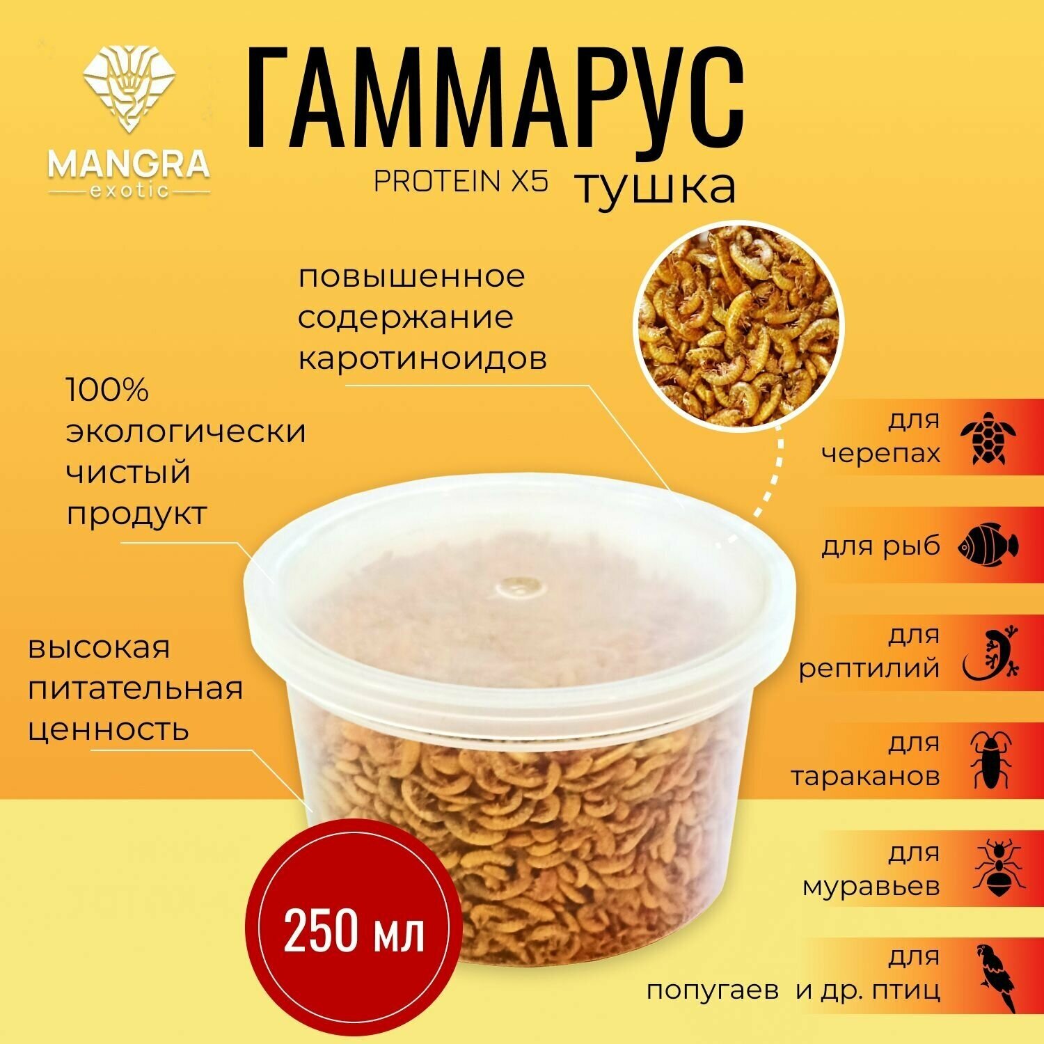 MANGRA exotic PROTEIN X5, 250 мл (тушка) - Гаммарус для черепах, рептилий, тараканов, муравьев и рыб - корм сухой - фотография № 1