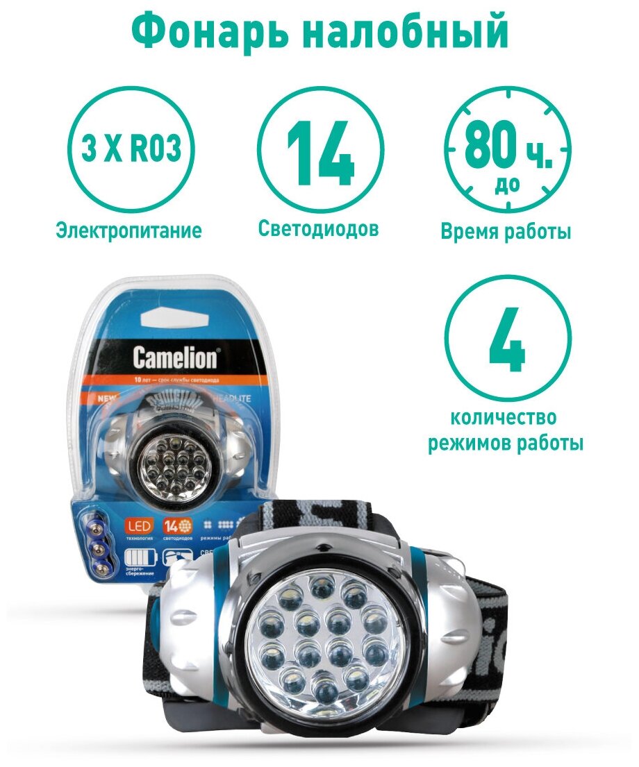 Camelion LED5312-14F4 (фонарь налобн, металлик, 14LED, 4 реж, 3XR03 в компл, пласт, блист)