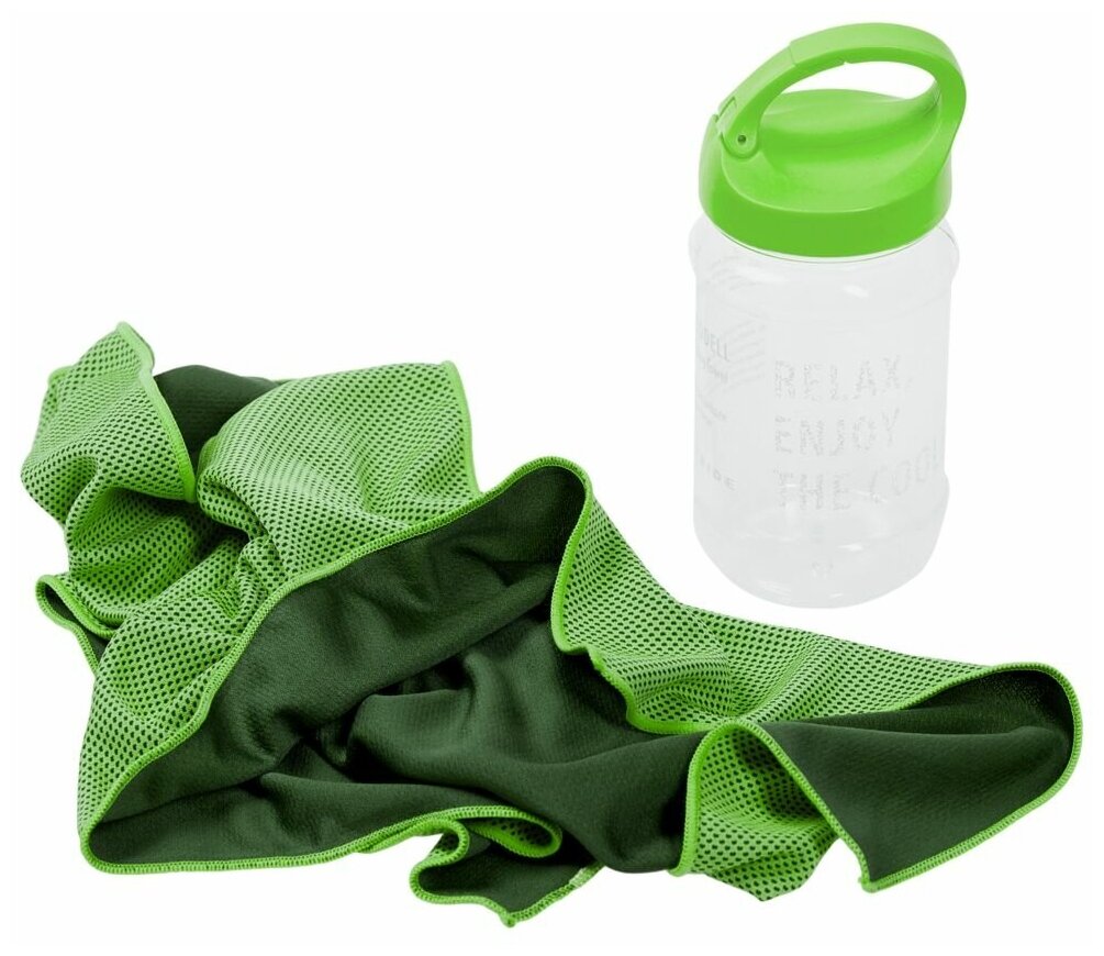 Охлаждающее полотенце Weddell, зеленое, полотенце 80х30 см; высота бутылки 17,5 см; диаметр 7,6 см, бутылка - пластик; полотенце - полиэстер