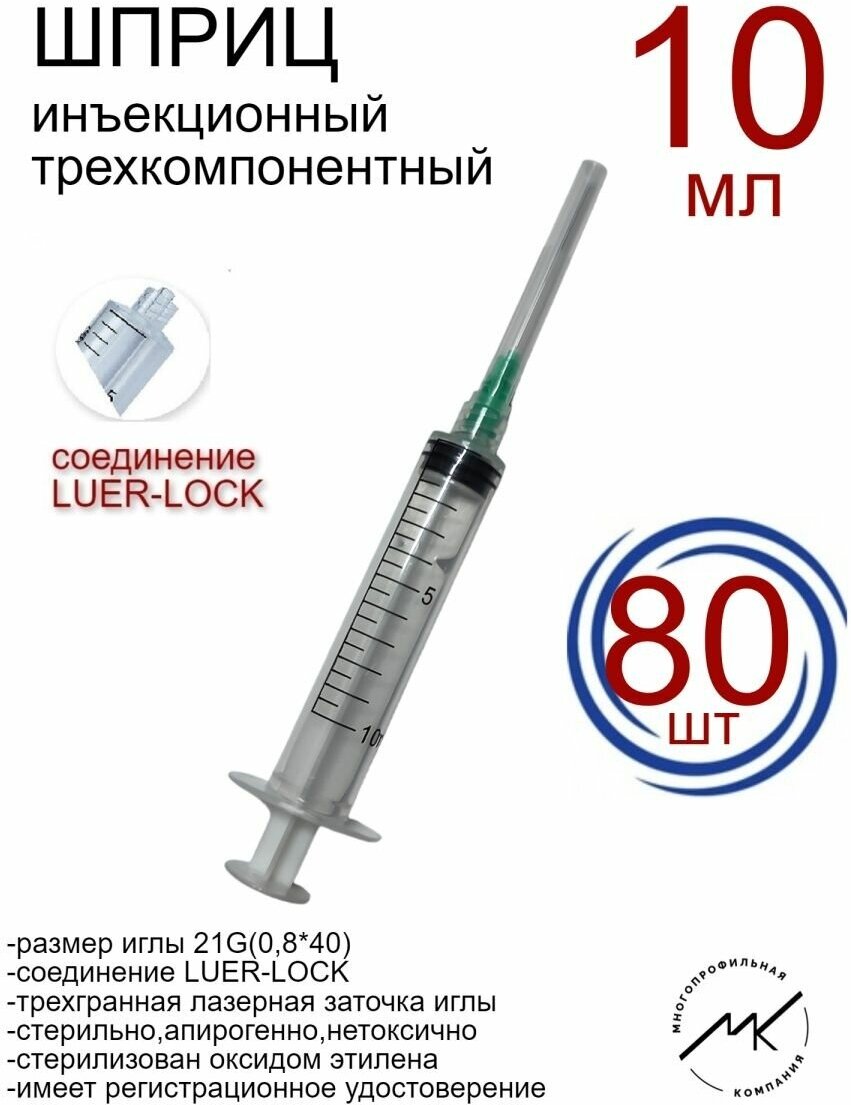 Шприцы одноразовые медицинские 10мл 21G(0,8х40мм) LUER-LOCK