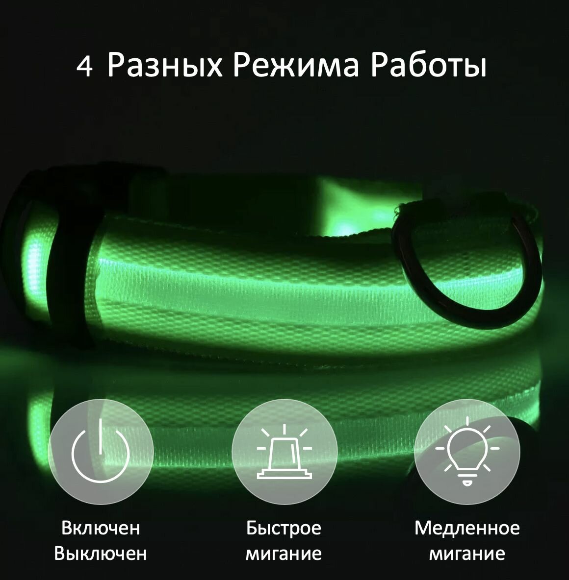Нейлоновый светящийся ошейник для собак и кошек аккумуляторный, USB, 31-58 см — фото 1