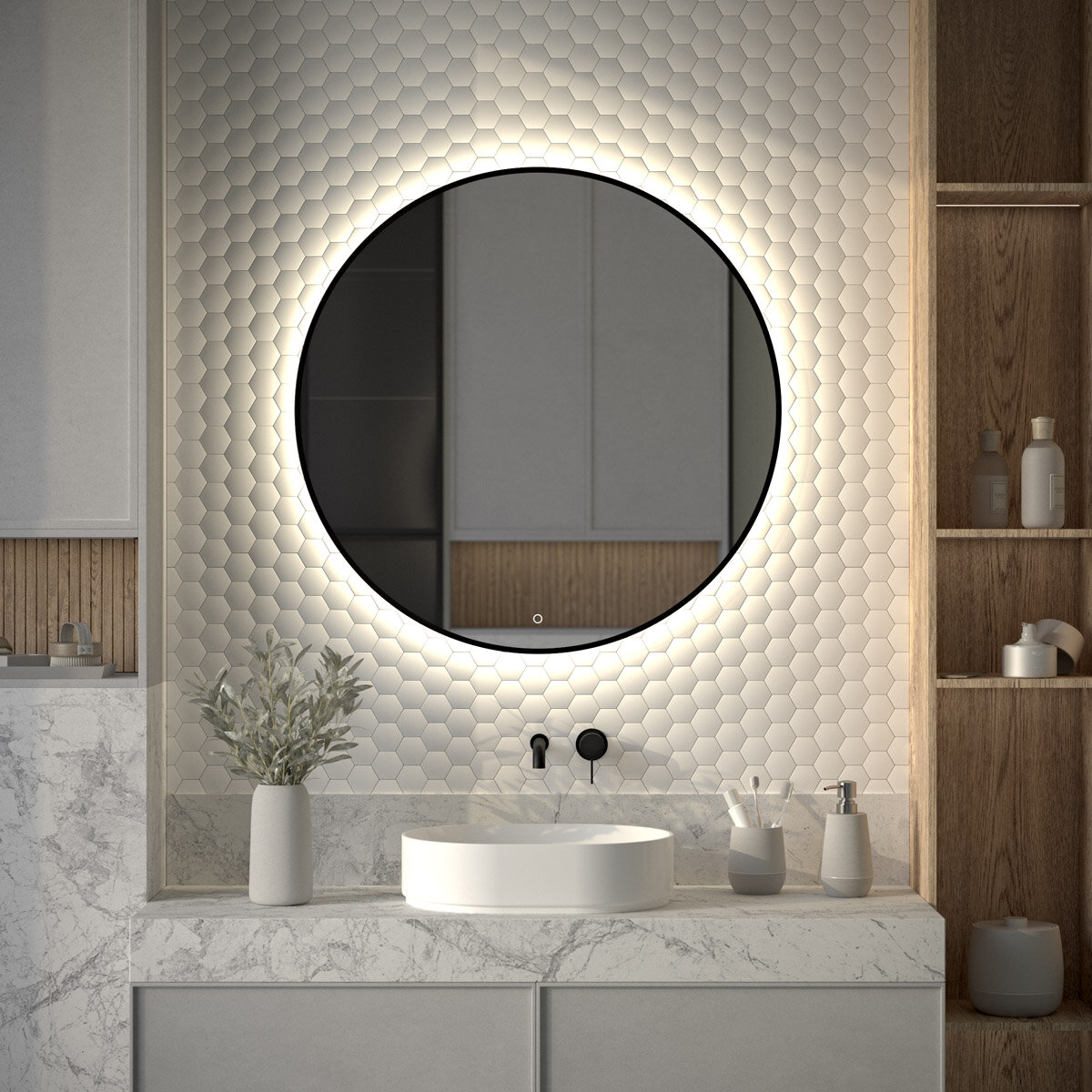 Зеркало с окантовкой и LED-подсветкой настенное AURA DEFESTO Ø90 см (Сенсорный выключатель), для гостиной, прихожей, спальни, кабинета и ванной комнаты, DF 2986S