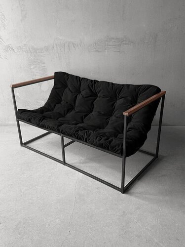 Изображение товара Диван лофт прямой, уличный, в офис, на балкон, на веранду, в гостинную, кухонный, Лофтовик ++ велюр черный, 140*70 см