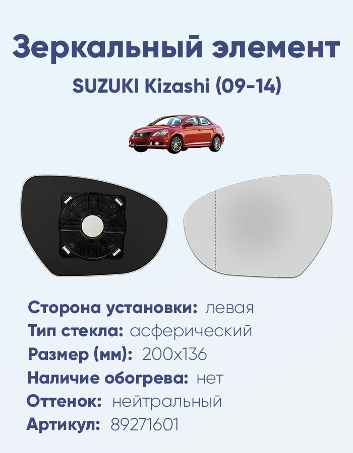 Зеркальный элемент левый SUZUKI Kizashi (09-14) асферика нейтральный без обогрева