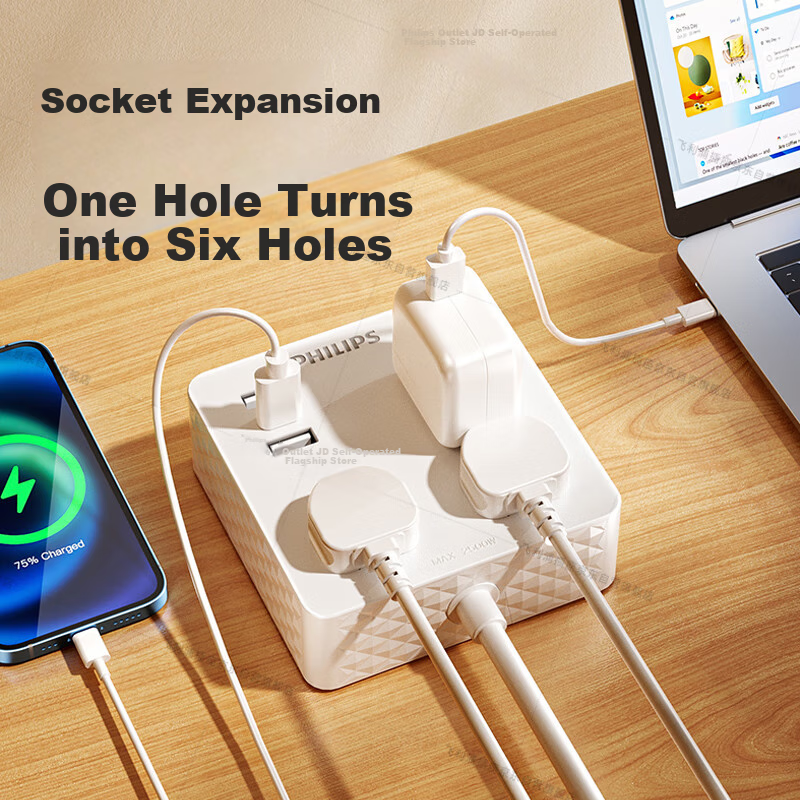 PHILIPS Desktop Magic Cube Smart USB Socket / Type-C One-to-Many Extension Board / Power Strip / Socket / Wiring Board / Expandable Multi-Use Plug Board 1.8m 4333WA