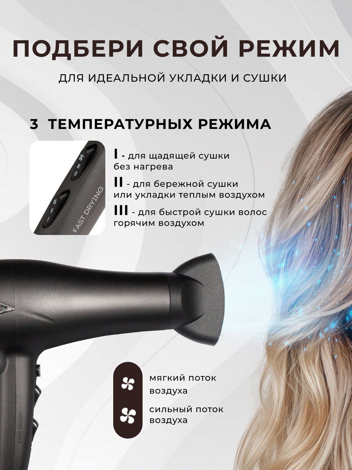 Фен GALAXY LINE GL4341, 2400Вт, 3 режима нагрева, концентратор, чёрный — фото 1