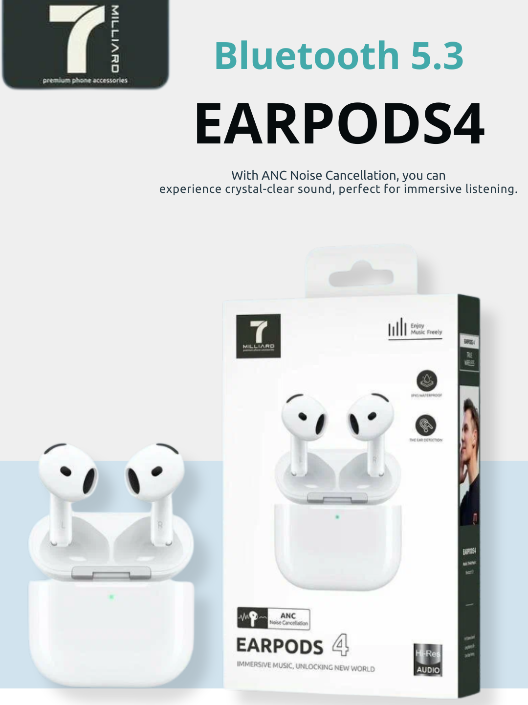 Наушники 7 MILLIARD "AirPods 4", Bluetooth 5.3, ANC, сенсорное управление