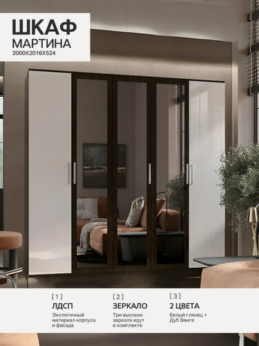 Изображение товара Шкаф 5-ти ств. Мартина 2000х2016х520 мм, Дуб Венге/Белый Глянец, МИФ