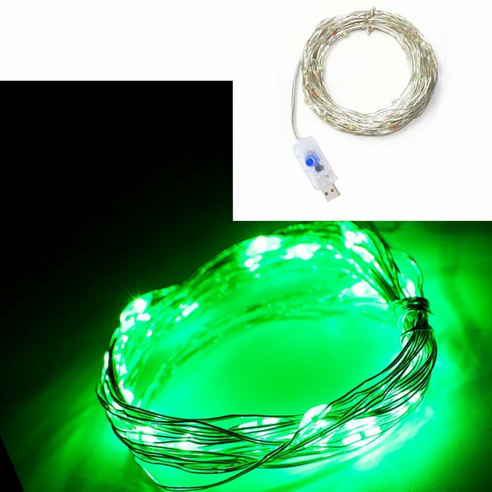 Изумрудная гирлянда USB, 5M, зеленый свет, 8 режимов