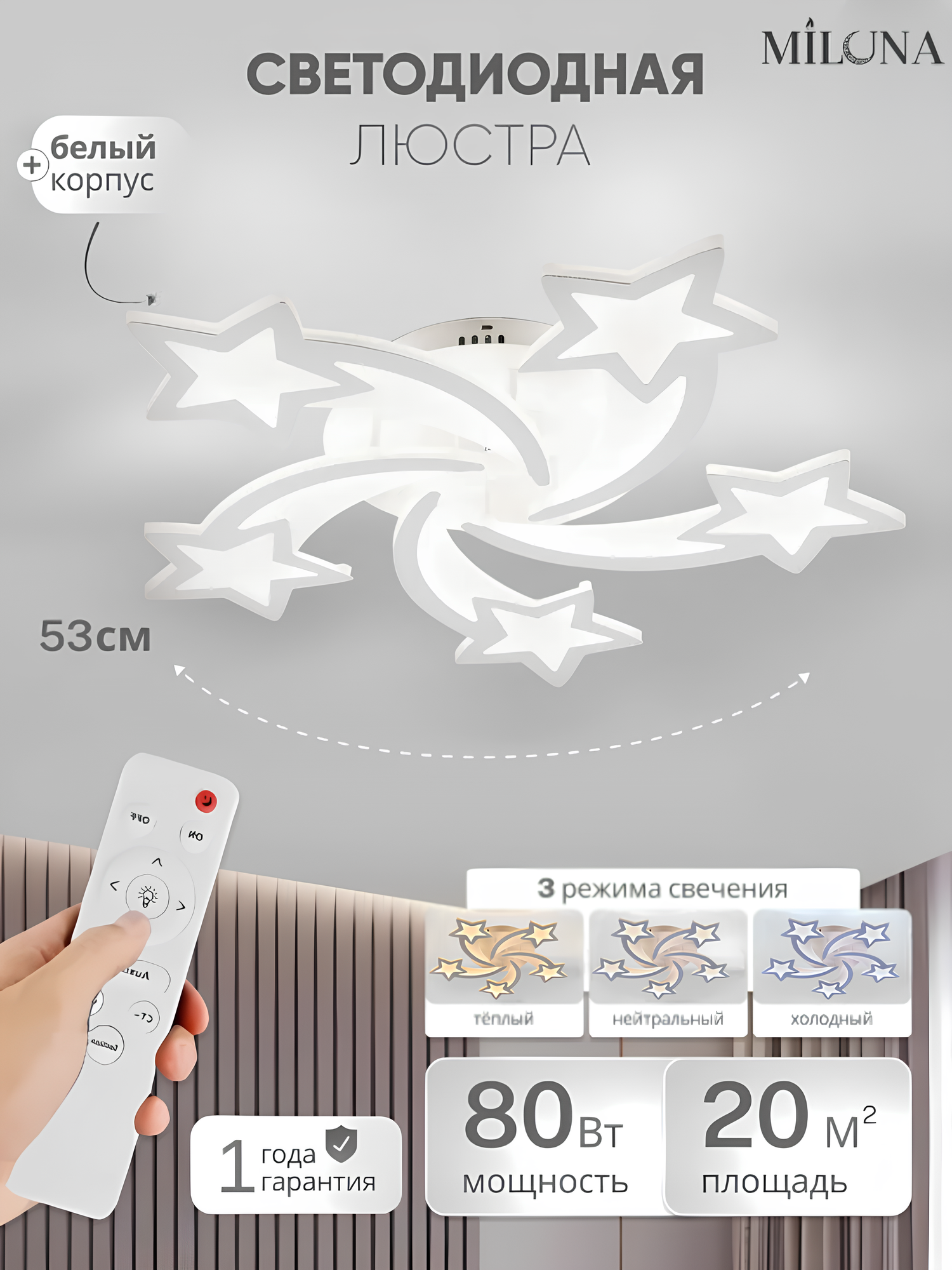 Лед люстра потолочная, с пультом, 3 режима освещения, для спальни, детской, гостиной, кухни, Прозрачный