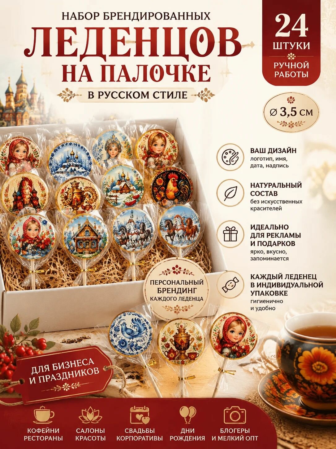 Леденцы "Русский стиль", на палочке, карамели, подарочный набор, 24 штуки