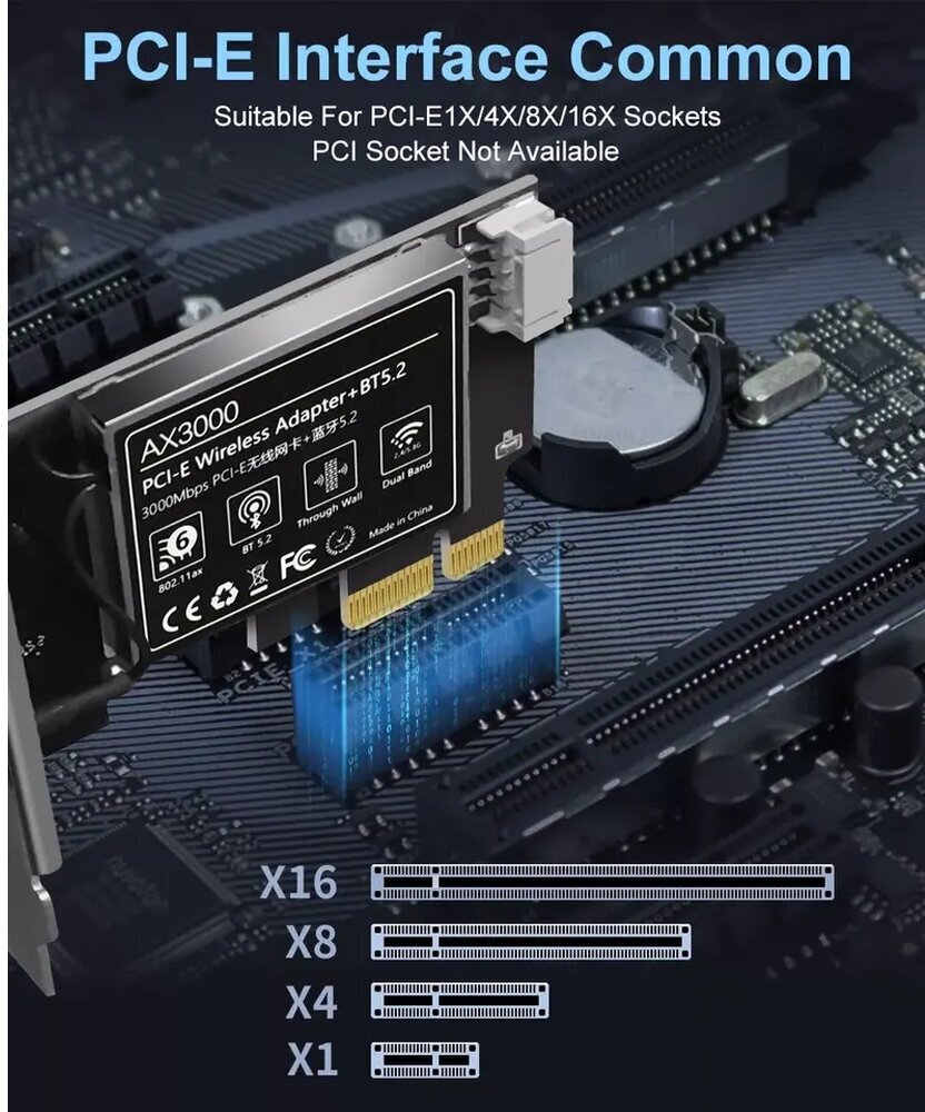 WiFi+Bluetooth адаптер AX1800 (MT7921) PCI-Ex1 BT52 80211ax 1201 Мбит/с антенна 5dBi | ORIENT XGE-951ax