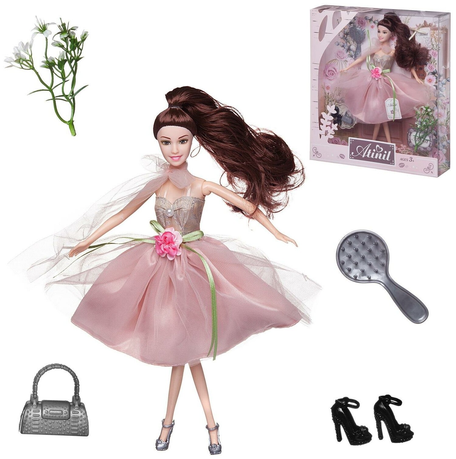 Кукла Junfa Atinil (Атинил) Цветочная гармония (в бледно-розовом платье) в наборе с аксессуарами, 28см, шатенка WJ-22277/шатенка
