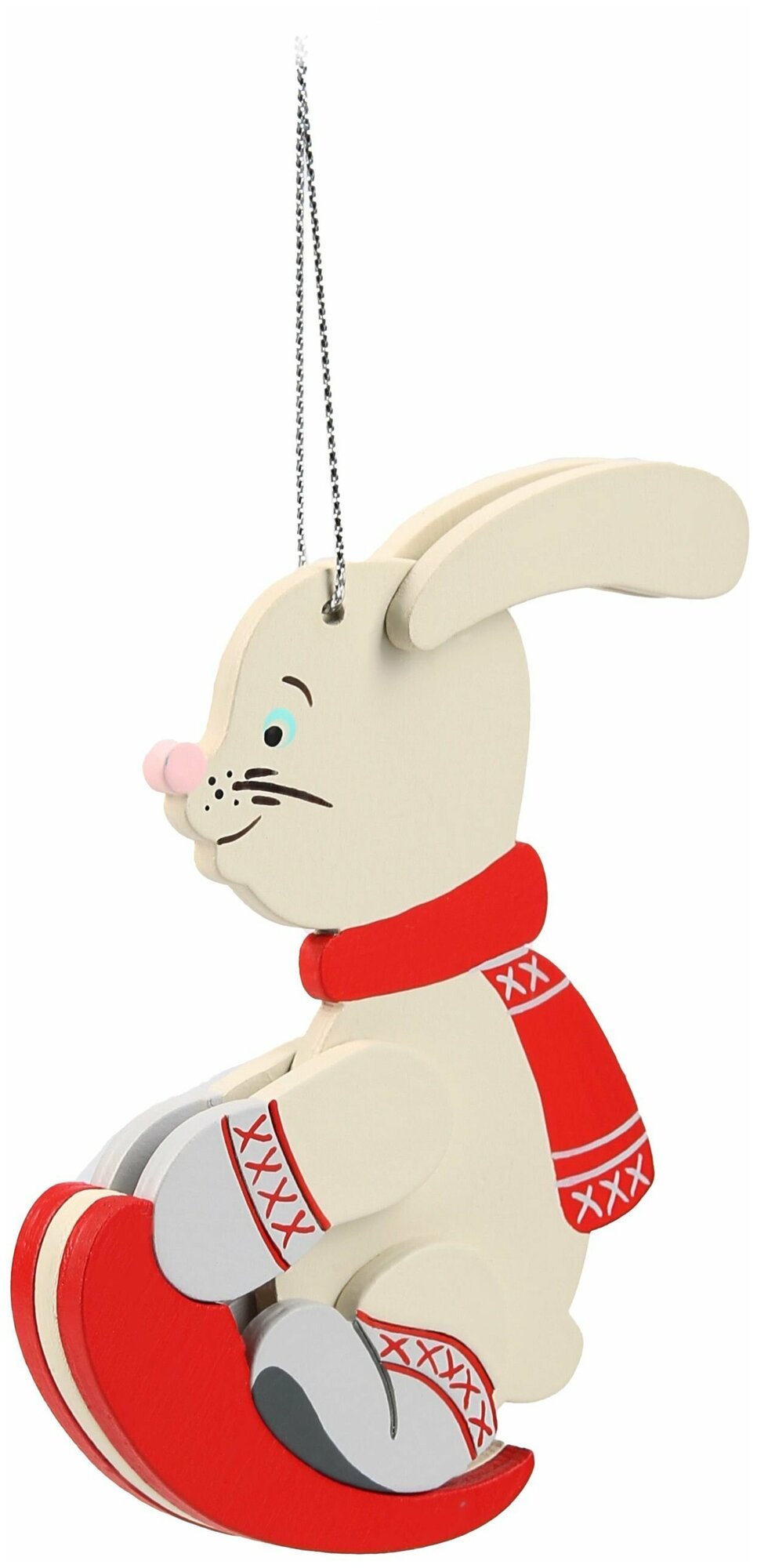 Деревянная елочная игрушка ручной работы "Кролик на ледянке", новогоднее украшение в Новый год и Рождество