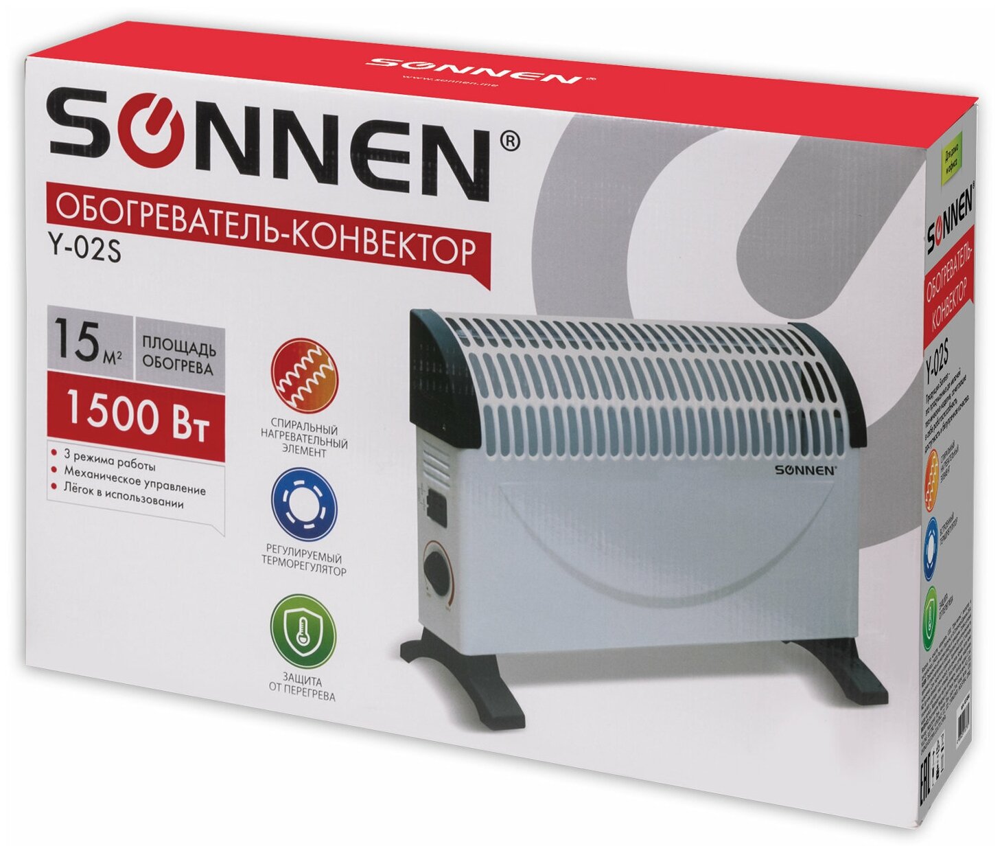 Конвектор SONNEN Y-02S, 1.5 кВт, 15 м², белый/черный - фото №12