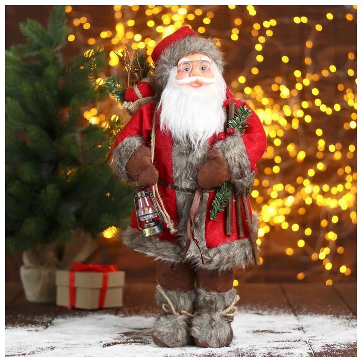 Фигурка Зимнее волшебство Дед Мороз в красной шубке с веточками 45 см