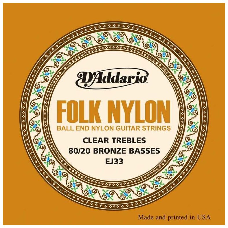 EJ33 Folk Nylon Комплект струн для акустической гитары, шарик на конце, нейлон/брон 80/20, D'Addario