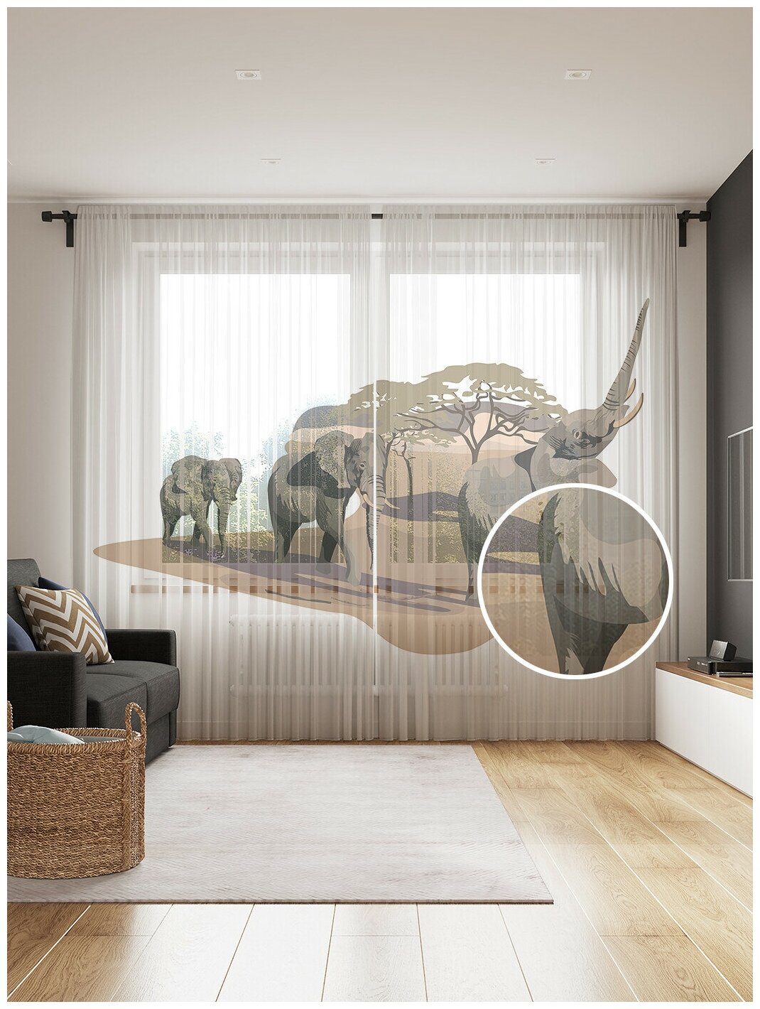 Тюль для кухни и спальни JoyArty "Марш слонов", 2 полотна со шторной лентой шириной по 145 см, высота 265 см. - фотография № 1