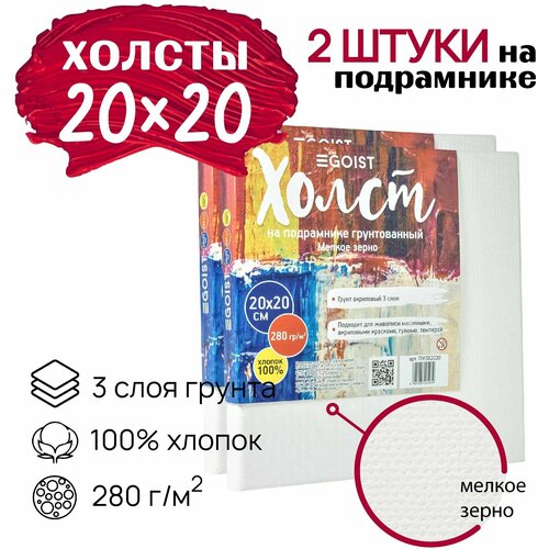 Холст грунтованный на подрамнике 20х20 см, профессиональные, художественные холсты, плотность 280 г/м2, набор 2 штуки