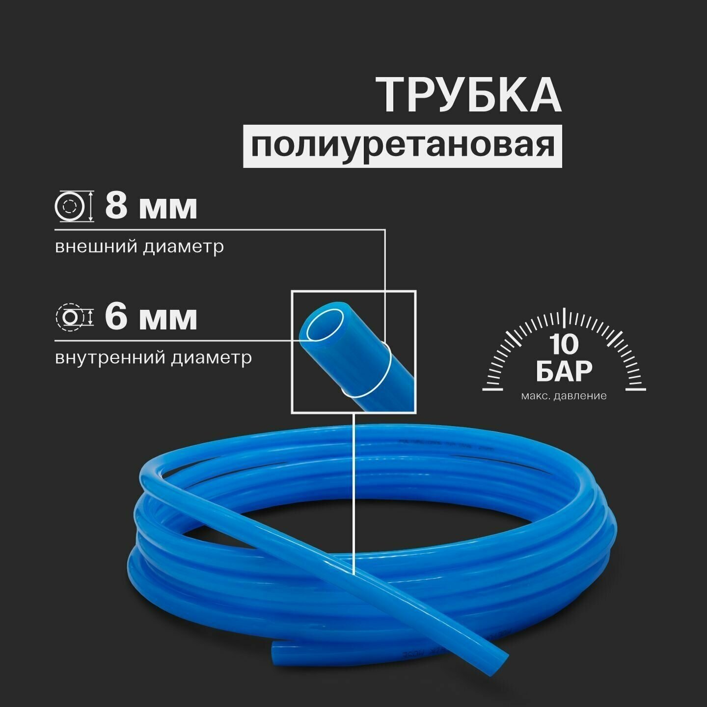 Трубка пневматическая полиуретановая (PU) 8 x 6 мм 10 метров синяя - фотография № 1