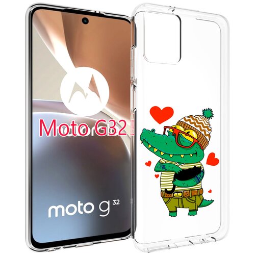 Чехол MyPads зеленый-крокодильчик-в-красной-оправе для Motorola Moto G32 задняя-панель-накладка-бампер